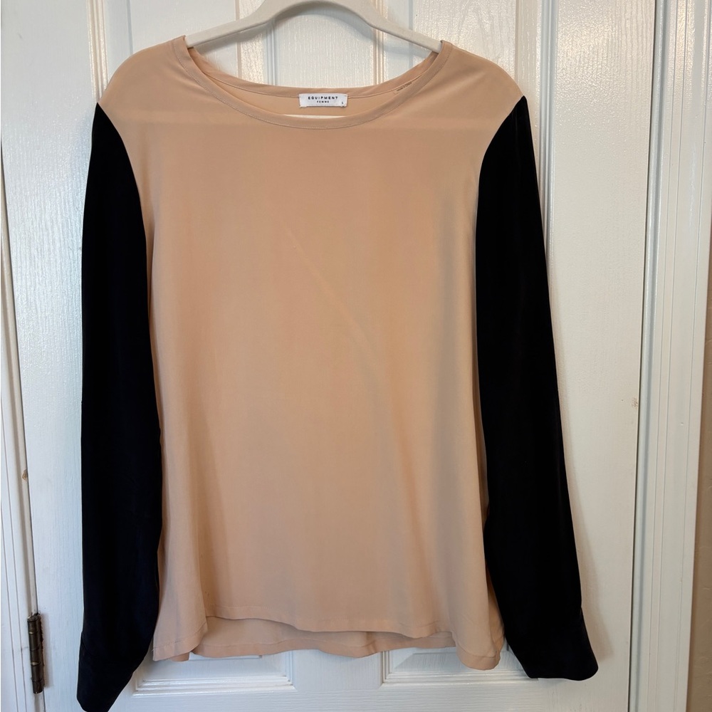 Equipment Beige and Black Long Sleeve Top Women’s L 100% Silk Style Q23-E315K - Picture 1 of 7